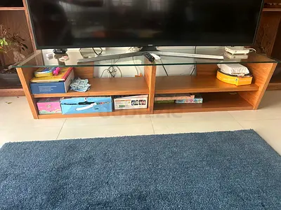 Low wooden TV unit with glass top - good condition
