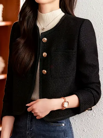 Neva Hu Black Collarless Retro Cropped Tweed Jacket - Size XS (Excellent Condition)