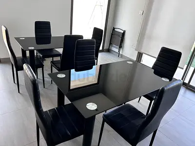 2 Black Glass Top Dining Table with 8 Black Leather Chairs, could join them to do a bigger table