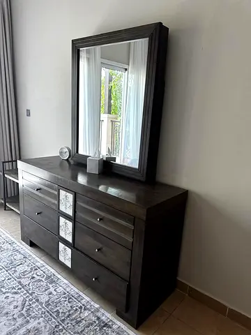 Dark Wood bedroom set with side table and Dresser with Mirror