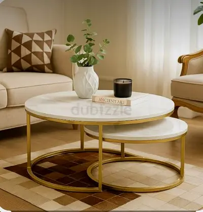 Round Marble Top Nesting Coffee Tables with Gold Frame