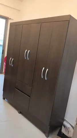3-Door Wooden Wardrobe with Drawers - Dark Brown, Good Condition