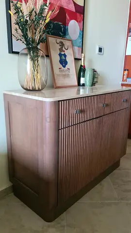 Modern Wooden Sideboard with travertino Marble Top and Ribbed Front