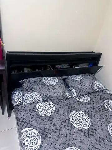Queen bed with built-in headboard storage - dark wood with Mattress