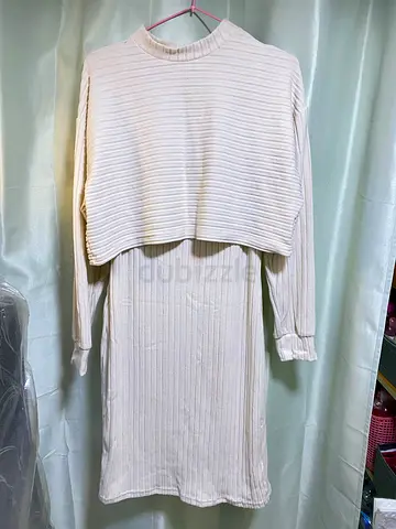 Womens Ribbed Two Piece Dress and Crop Sweater Set in Cream