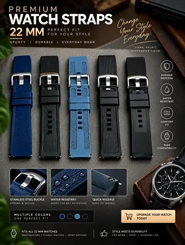 Set of 5 Silicone 22mm Replacement Watch Straps - Black & Blue