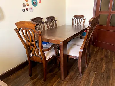 Solid Wood 6-Seater Dining Table with Upholstered Chairs