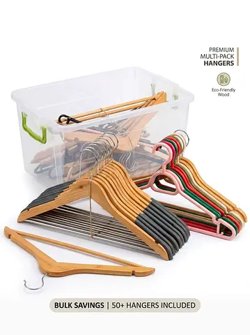 Bulk pack of 50+ wooden and non-slip hangers with storage box