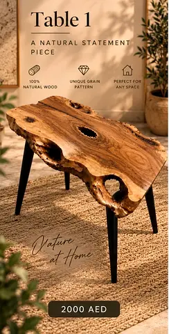 Solid Natural Live Edge Wood Coffee Table - Unique Grain, Handmade