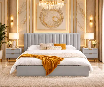 Modern upholstered queen bed with storage bed-tufted headboard - light grey queen size bed