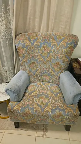 Upholstered Vintage-Style Armchair in Blue Floral Fabric