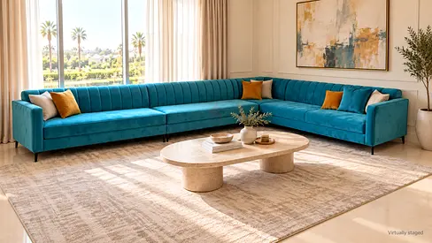 Large L-shaped Teal Velvet Corner Sofa — Modern Sectional