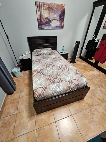 Single wooden bed frame with mattress and side tables - EXCELLENT CONDITION