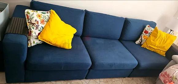 Blue 3-Seater Fabric Sofa with Removable Cushions and ottoman- Good Condition