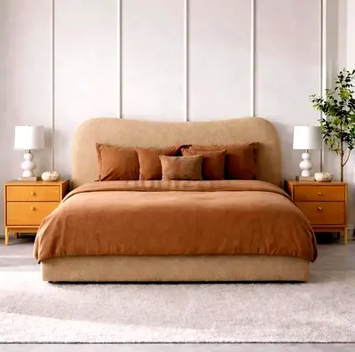 Plush upholstered double bed with curved headboard - Beige