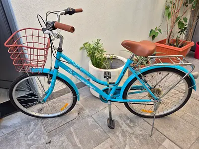 Kids Light blue city cruiser bike with basket and rear rack