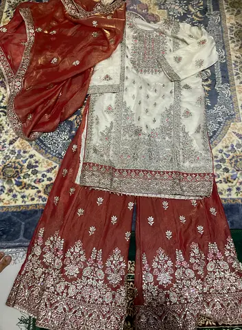 Maroon and ivory embroidered traditional women's outfit (3-piece) - good condition