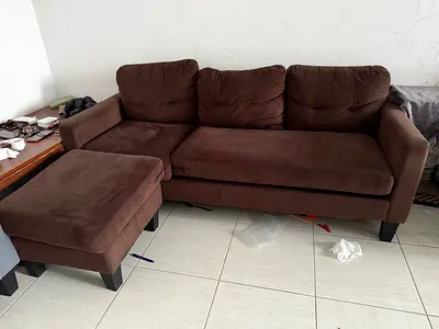 Brown 3-seater fabric sofa with ottoman - good condition