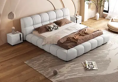 Modern Low-Profile Upholstered King Bed with Padded Headboard
