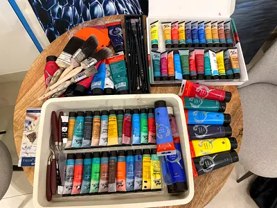 Acrylic paints and brushes
