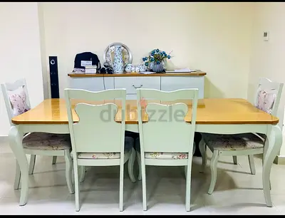 Wooden Dining Table with 6 Floral Upholstered Chairs