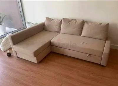Beige L-shaped Sofa Bed with Storage - Good Condition
