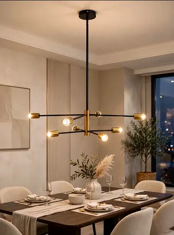 Modern brass and black 8-arm ceiling chandelier light