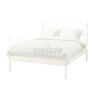White Metal Double Bed Frame with Decorative Headboard + white standing mirror with hooks