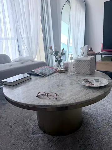 Round Marble Top Coffee Table with Brass Pedestal Base