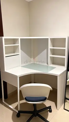 White Corner Study Desk with Hutch and Chair - Good Condition from IKEA