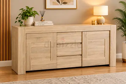 Modern Light Oak Finish Sideboard with Drawers and Cabinets