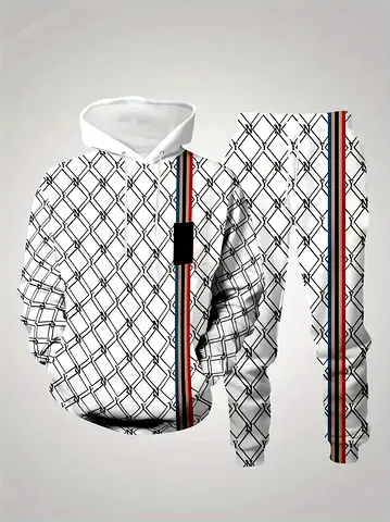White geometric print hoodie and joggers tracksuit set - All sizes (unisex)