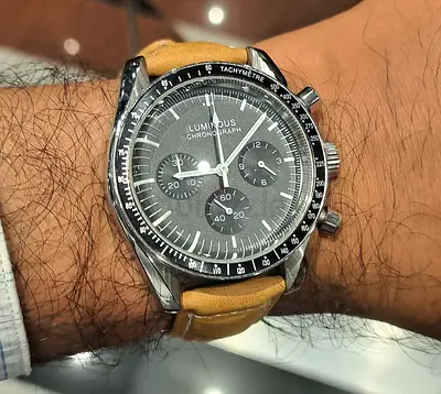 Luminous Chronograph Seiko Quartz Men's Watch with Tan Leather Strap