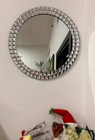 Round Decorative Wall Mirror with Faceted Crystal Frame - 60cm