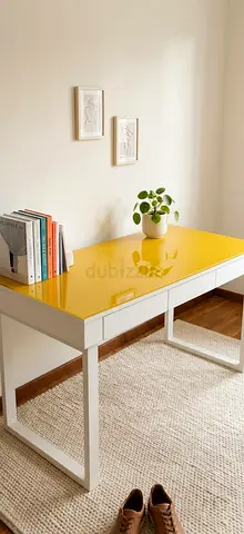 White Wooden Study Desk with Yellow Glass Top and Drawers