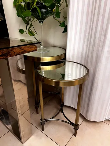 Set of 2 Round Nesting Side Tables with Glass Tops - Brass Finish. Perfect inside out.