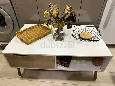Mid-century Modern Coffee Table with Drawer — White & Wood, Good Condition
