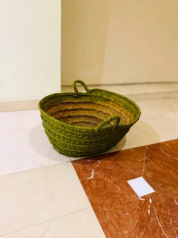 Handmade Green Woven Seagrass Basket with Handles,Oval Esparto Basket or Wood Storage Basket.
