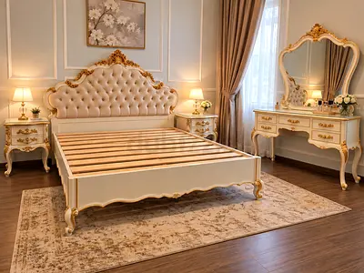 Vintage-style king bedroom set with tufted headboard and vanity