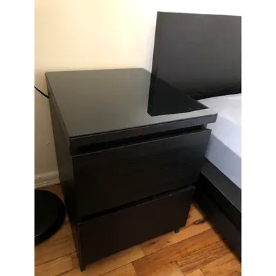 SET of IKEA MALM 2-Drawer Bedside Tables with Glass Top – Black-Brown