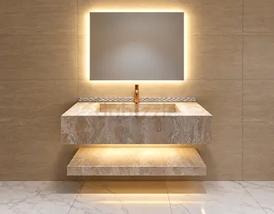 Modern floating marble bathroom vanity with shelve