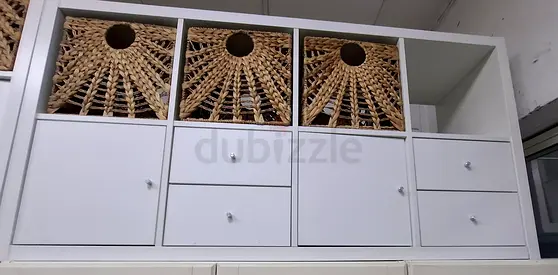 White Storage Cabinet with 3 Wicker Baskets - Good Condition