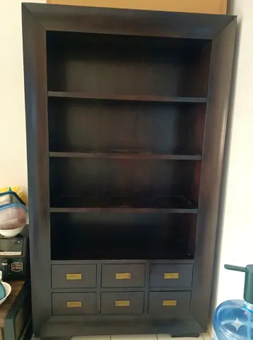Dark Wood Tall Bookcase with 4 Shelves and 6 Drawers