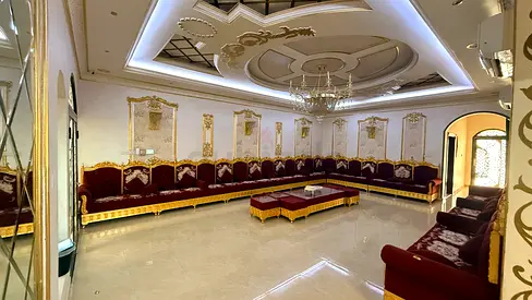 Large Arabic Majlis Sofa Set with Gold Trim - Excellent Condition