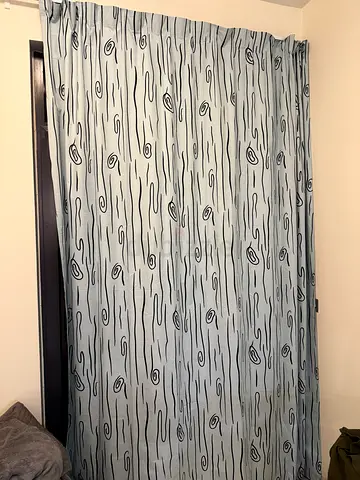 200cm light-blue patterned blackout curtains - good condition + white metallic rail 180cm w hangers