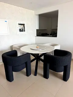 Round Dining Table with lazy suzan and 4 Curved Upholstered Chairs - Set of 6