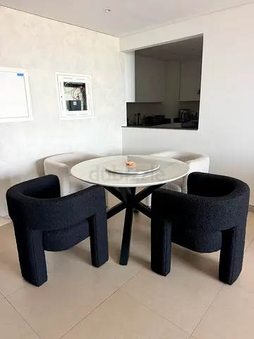 Round Dining Table with lazy suzan and 4 Curved Upholstered Chairs - Set of 6