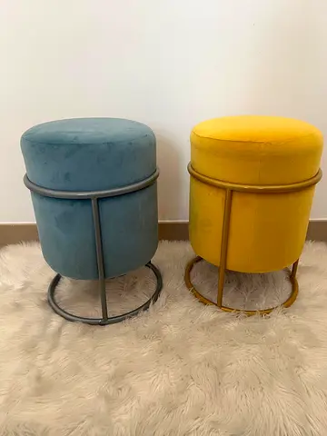 Pair of Round Velvet Ottoman Stools - Blue and Yellow