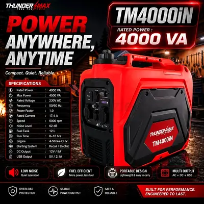 Super Silent Inverter Generator 4kva… ThunderMax TM4000i Portable Inverter Generator - 4000 VA (Red)
