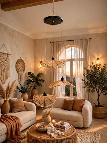 Boho Living Room Set with Pendant Lighting and Woven Decor